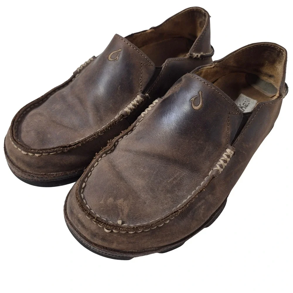 OluKai Moloa Mens Size 7‎ Brown Leather Slip On Loafers Comfort Casual Shoes